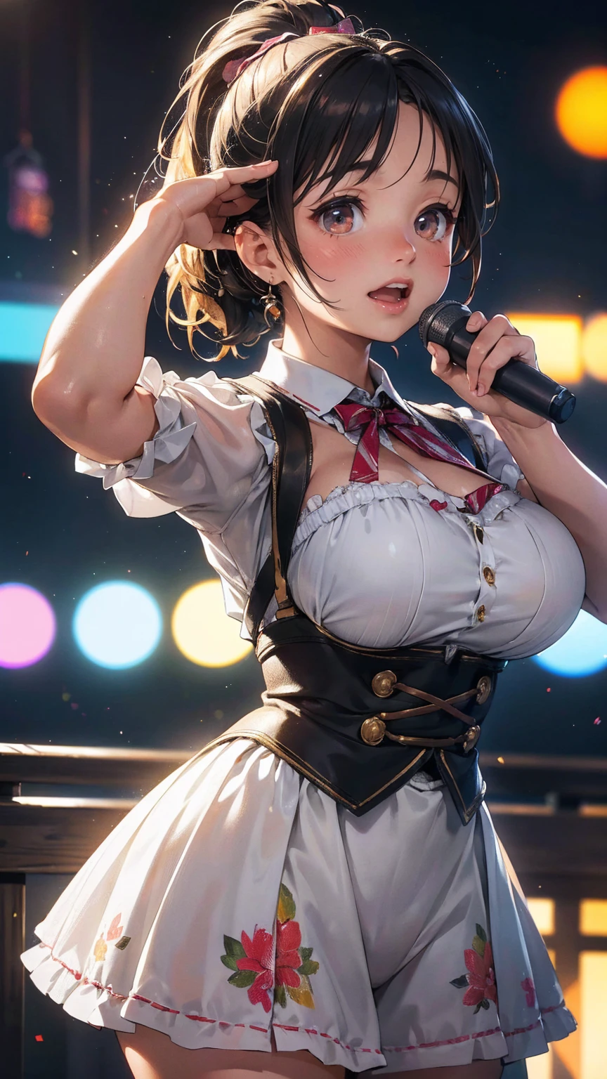 The seven-colored lights are dancing, detailed-cotton-dirndl, warm lighting, beautiful baby face,gigantic-breasts-cute-1girl Singing at a live venue, Ponytail hairstyle, Dynamic pose, golden hour lighting, detailed textures, (best quality,4k,8k,highres,masterpiece:1.2),ultra-detailed,(realistic,photorealistic,photo-realistic:1.37), HDR, UHD, studio lighting, ultra-fine painting, sharp focus, physically-based rendering, extreme detail description, professional, vivid colors, bokeh, Attractive Idol photography