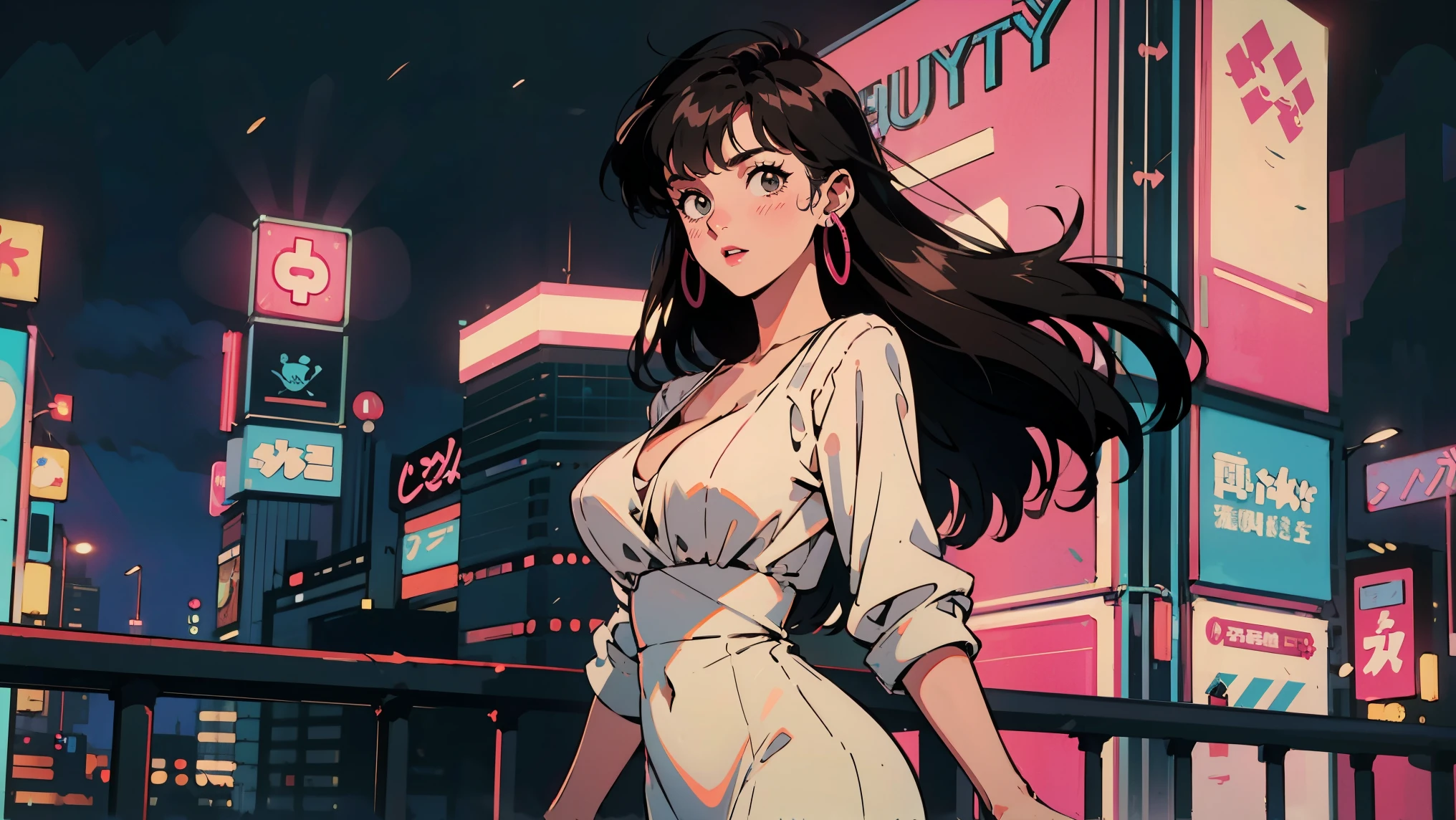 (80's, retro, city pop:1.5), (19 years old Woman), (masterpiece, best quality, intricate detail), (anime, illustration), (pastel colors:1.3), best photo pose, dynamic angle,
girl, solo, smile, perfect detail eyes, (((large breasts))), wearing a leather Jacket with zipper down all the way , nude under the jacket , Jacket covering her breast , Showing cleavage , Triple D cup breast ,Right delicate face, full body shot
City Scenes, night city, tokyo, high fashion,