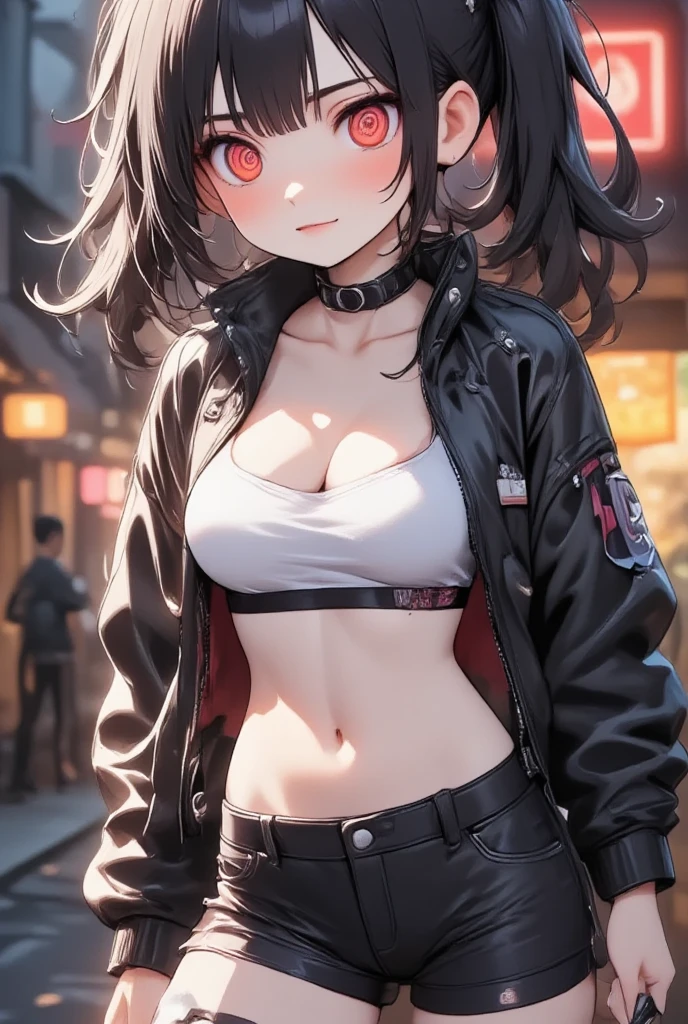 1girl\(cute, kawaii,charming,fascinating,bewitching,evil smile,smirk,black hair,long hair,twin tails hair,pale skin, white skin, red eyes, eyes shining,big eyes,breast,perky breast, punk fashion, ripped clothes, tight tube top, tight hot pants, stomach shown, ripped black short jacket, fluffy black cat-ear, dynamic pose, spiral eyes, bang,hands in poket\),background\(outside, noisy city, backstreet, narrow street, neon lights, at night\),beautiful portrait,close up of girl's upper body, cute pose, niji style,3d render