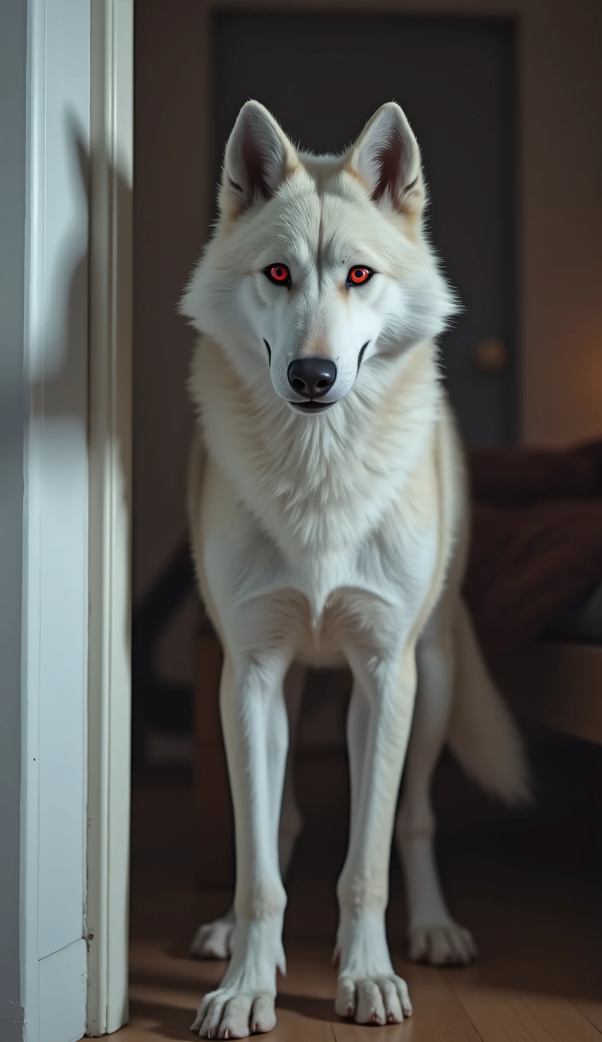 white wolf male. looking at the viewer, standing in the bedroom doorway. red eyes, Preventing viewer from entering,