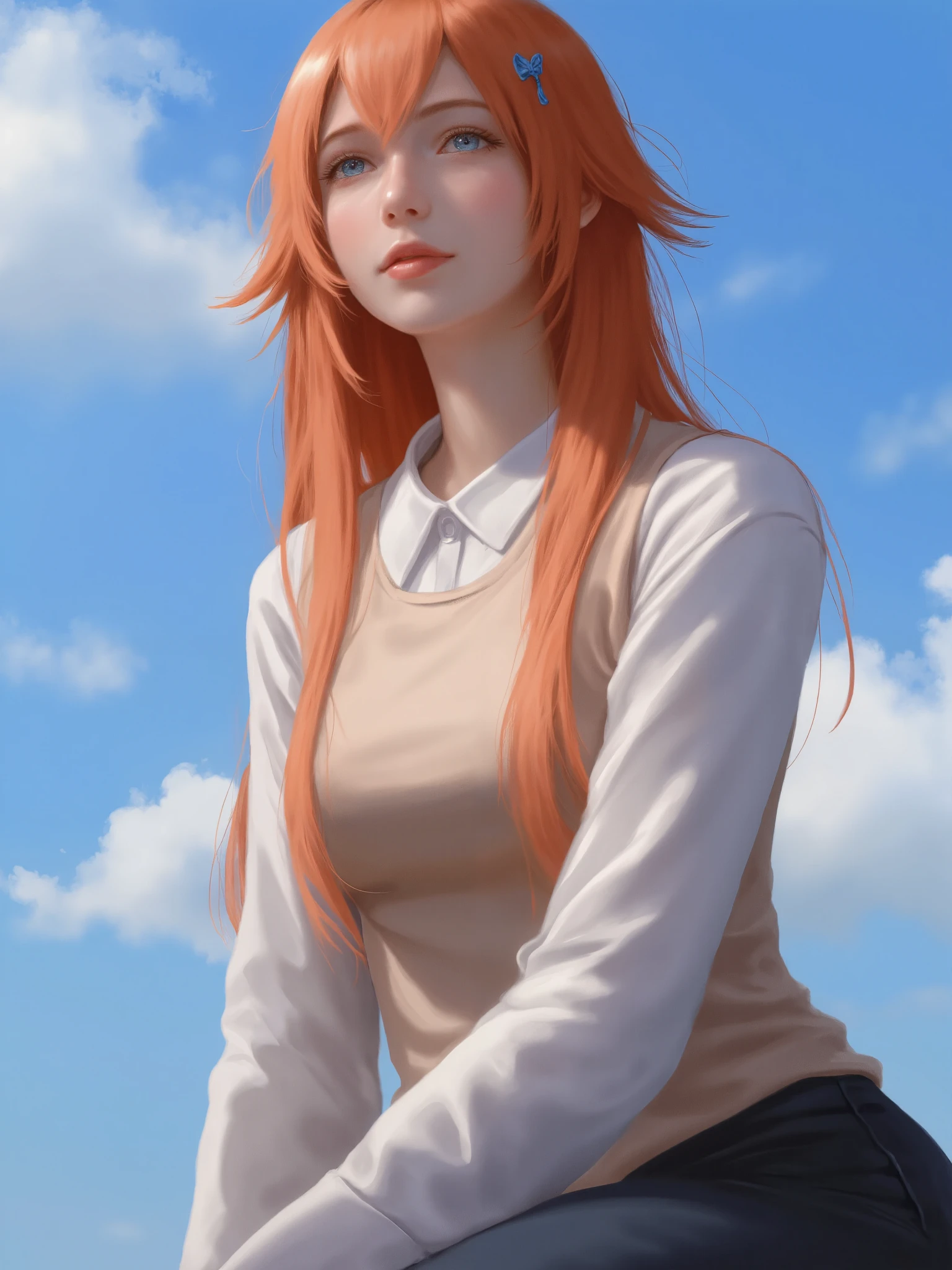 Digital painting of a girl with long, vibrant orange hair adorned with a small blue hairpin. She has fair skin and is depicted with a serene expression, gazing upwards. Her attire includes a white long-sleeve shirt layered under a beige sleeveless top, paired with dark pants. The background is a clear blue sky with a few fluffy white clouds, enhancing the peaceful and uplifting mood of the scene. The overall composition is simple yet expressive, focusing on the character's contemplative pose and gentle demeanor.