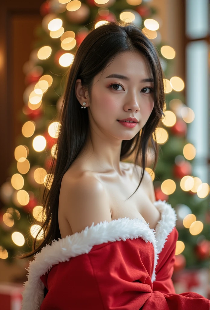  Santa cosplay, photo shoot, portrait of a Asian woman ,  she has small earrings, "I love you 3000  "Bokeh, 被写界深度 セクシー Santa cosplay、 Christmas tree、Large room、