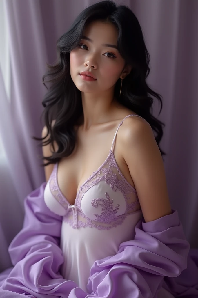 (8k, RAW Photos, Highest quality, masterpiece: 1.2、RAW Photos)、Portraiture, High resolution raw color photos, Professional photos、Super Resolution, 8k画像壁紙,(Realistic, Actual Photos: 1.3), 1 person、Very detailed, very Detailed and beautiful, Very detailed, Amazing details、Cute beautiful woman with perfect body: 1.4、Slim Big: 1.2、Full body image, Amazing details、Cute beautiful woman with perfect body: 1.4、Slim Big: 1.2、Glowing Skin、Glossy Lips、High resolution face and skin textures、Detailed eyes、double eyelid、Very detailedな、((Glowing skin:1.2))、((Dark grey hair color、Ash、Long Hair、Curly Hair)), ((Bust H cup:1.2, Very large breasts:1.ur breasts are too big:1.2、bursting breasts:1.2))、((((Ample breasts:1.3))))、(((Glowing skin:1.3)))、(High-definition breasts、Happy expression), ((Big Necklace))、((Purple Lingerie、See-through lingerie:1.2、Floral Lingerie))、((garter belt:1.3))、((Whole Body Ezbian、Angle from directly above:1.1)), ((Beds made of flowers:1.3))、((Lying on my back on top of countless flowers:1.3)), ((Mysterious Background))、((Focus on women))