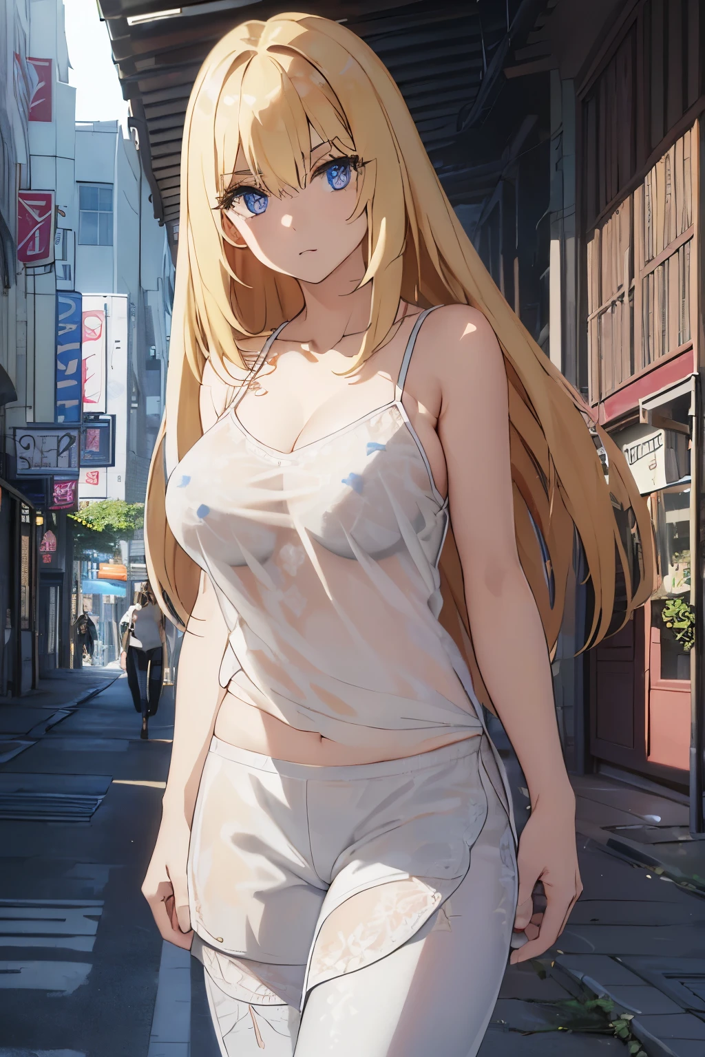 Optimal,masterpiece, high definition , best quality,Hyper HD, super detailed,Awards,16k,Alone,( upper body), See Correct Anatomy , A Beautiful Cyberpunk Girl, cowboy shooting alone、(( forward slack ))、(( putting hands on her thighs )), cute face,, blonde alone、 long hair、Hairline,(( blue eyes)), long eyelashes, outer corner of eye is lowered, white skin,((Shooting from the front:1.5)), (( sheer camisole that will make you walk around town:1.5)), ( transparent nipples))、((Yoga pants)), rocket , ((Big Breasts:1.5))