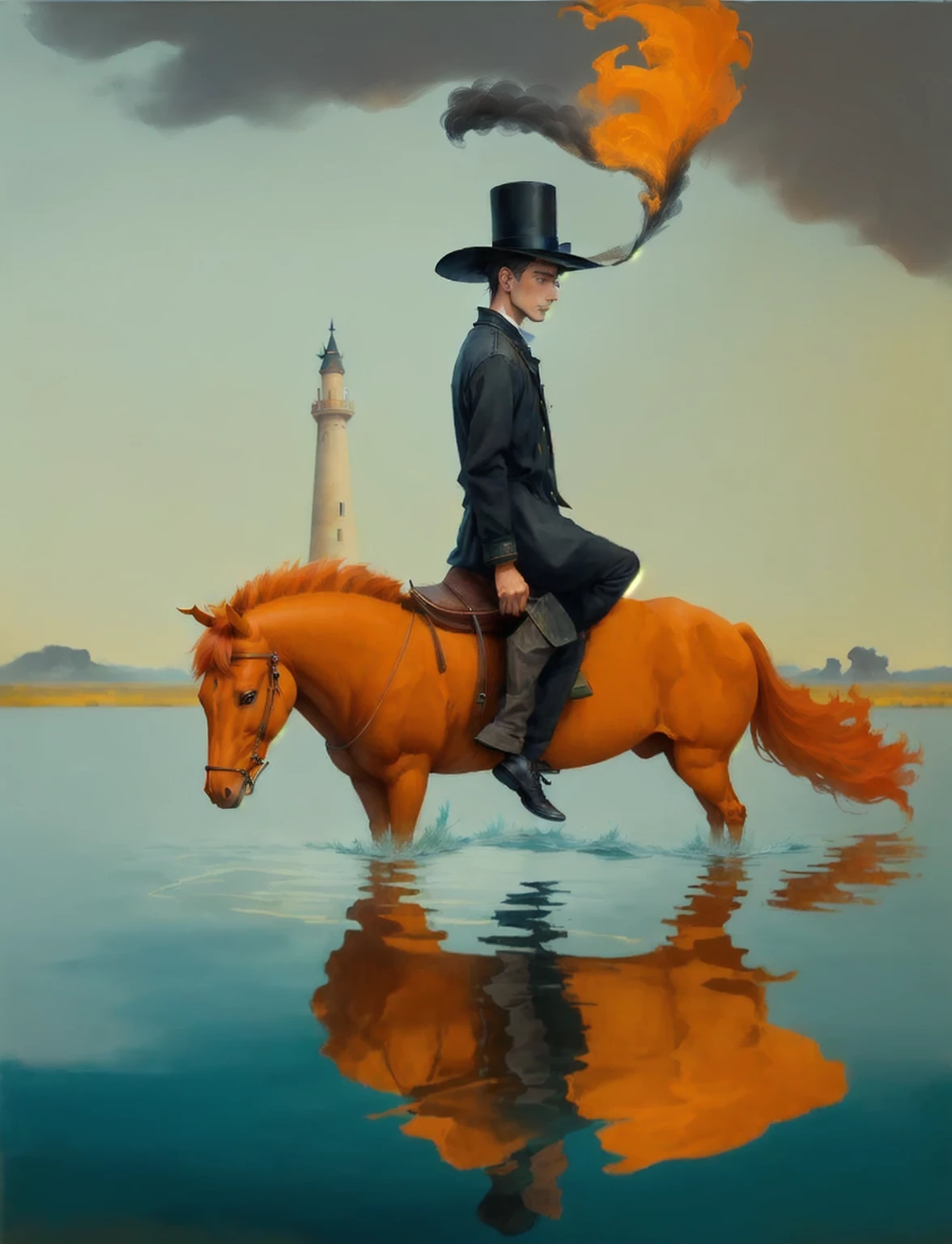 slightly bigger child, with paper hat ((chimney in the hat that emits a little smoke)), symbolizing dreams, (((riding a white horse))), (((half its legs submerged in water))) , realistic reflections and normal water waves, realistic, horizon at a low golden height, with a background finished in a greenish gray wall, with a painting hanging in the background with the same motif as the scene, harmonic chromatic composition of three colors, violet blue , reddish and green, natural lighting, take the image with a Sony Alfa camera, 250 mm, painting oil painting, Rembrandt and Leonardo Da Vinci style, small toys floating like tops, marbles and small houses, harmonious and compositionally harmonious in different colors and contrasting, melodically aesthetic, ((((transparent water)))), the background can be seen showing the ground or floor, quality, masterpiece, hyper-realisti, agua transparente, traje de diferentes colores aterciopelado, elimina casas del fondo, Background wall with picture submerged in half with image of room in perspective, claros reflejos ondulados en el agua, very harmonious, obra de Arte