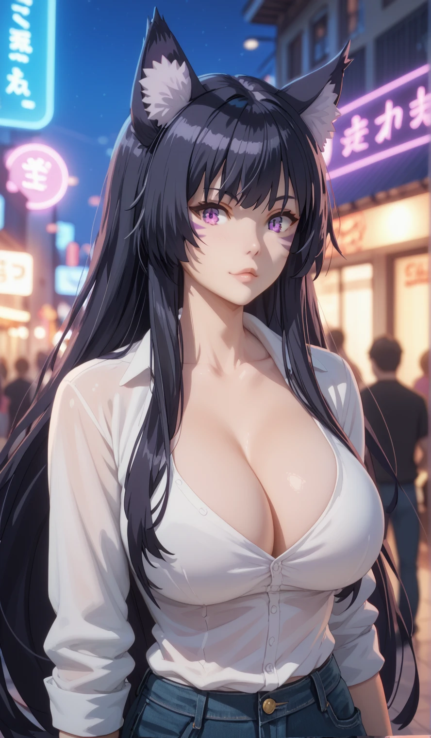 Tall girl, Fit girl,score_9, score_8_up, score_7_up, score_6_up, uncensored, delta, delta from eminence in shadow, long hair, black hair, animal ears, purple eyes, cat ears, animal ear fluff, facial mark,huge breast, there is a girl standing, she wearing casual clothes, oversize clothes, night club, indoors, neon light, crowd, blurry backgrounds 