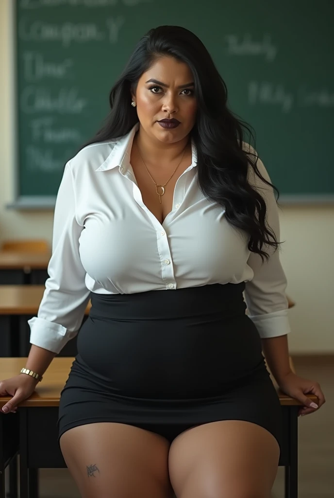 Chubby, busty, voluptuous, covered in liquids, teacher, forcefeeding, assertive, wearing tight uniform