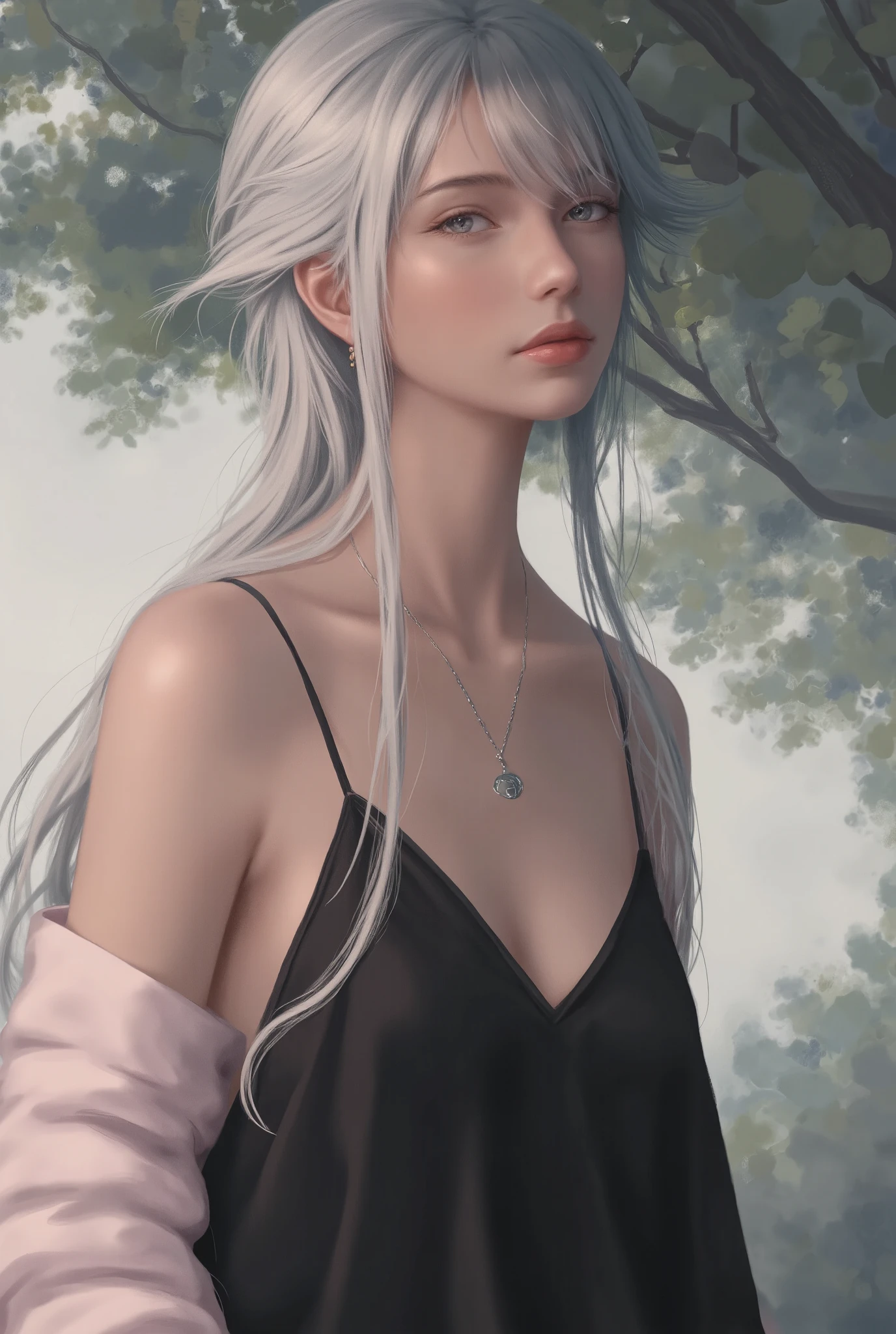 Image is a digital illustration featuring a young woman with fair skin and long, flowing silver hair styled in a loose ponytail. She is wearing a black spaghetti strap top and a delicate necklace with a small pendant. Her facial features are soft and refined, with a serene expression. The background is a soft, blurred depiction of foliage, with dappled sunlight casting gentle shadows across her figure. The overall color palette is muted and harmonious, emphasizing the tranquil and ethereal atmosphere of the scene. The style is realistic with a touch of fantasy, capturing a moment of quiet introspection.