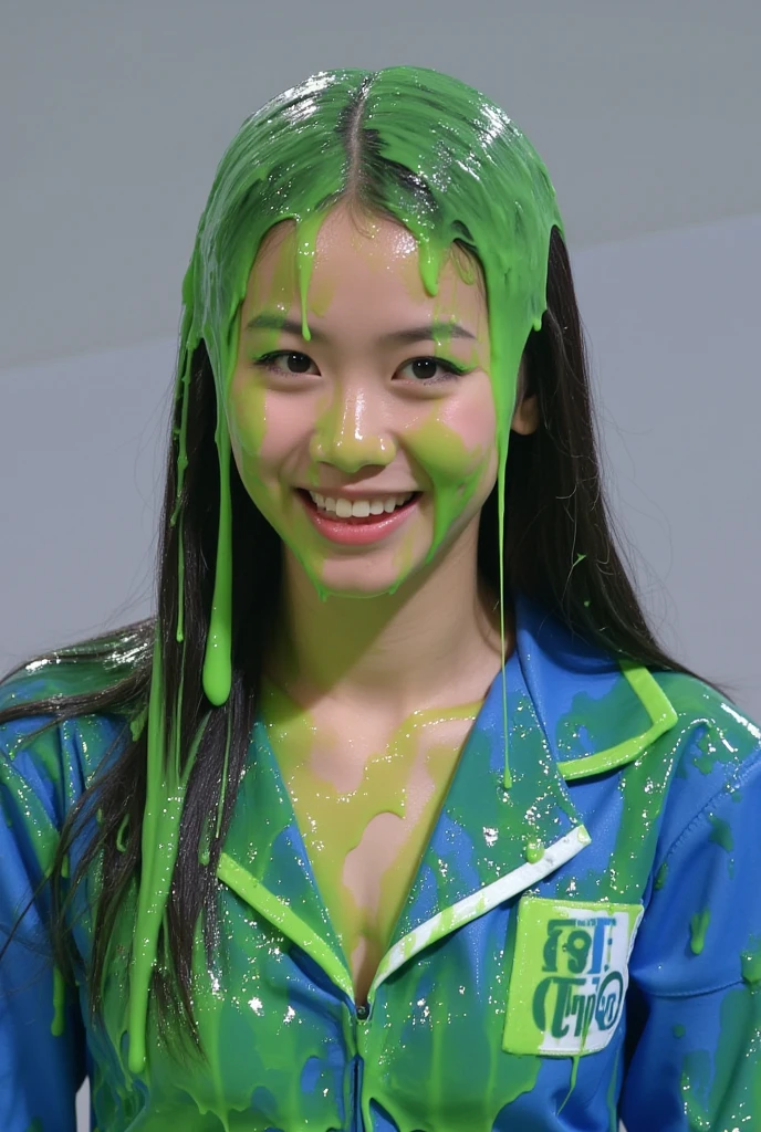 Film photograph of Japanese girl covered in green slime. Photorealistic. Glistening liquid. Green slime. Raw Japanese model. Japanese. Japanese girl. F/1.4 aperture. 35mm. Blue Sailor costume . Cleavage. Black hair. Gameshow. Portrait photograph. Film photo. 21 yo. Kawaii. Slime. Bold black eyeliner. Black eyeshadow.