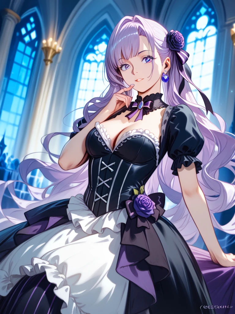 ((masterpiece,highest quality)),One girl,Beautiful fine details, detailedな顔, (whole body:1.2), 1 girl, solo, "A young woman wearing a striking gothic-inspired dress with a short layered skirt in deep purple and black hues. The bodice features intricate crisscross lacing and shimmering star-like accents. Voluminous fabric drapes elegantly over one shoulder, adorned with bold purple roses and ribbons, creating an asymmetrical and dramatic look. She is striking a confident pose, with one hand resting on her hip and the other delicately holding the edge of the draped fabric. The background is a moonlit gothic castle courtyard, with faint glowing lanterns and mist swirling around. The camera angle is slightly low, capturing her from a three-quarter view to emphasize her commanding presence and the intricate details of the dress."