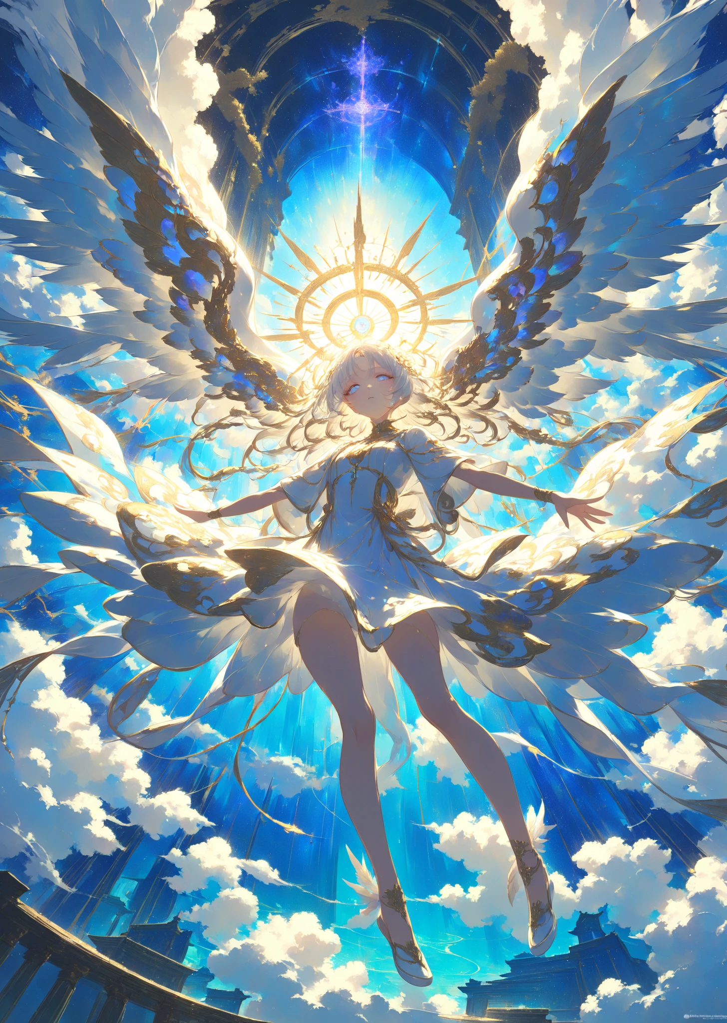  Masterpiece, High Quality, High Resolution, 16k, Illustration by Makoto Shinkai, Animation, Detailed Background, Hyperrealistic, Digital Paint, Dark Fantasy, Heavenly World View, Angel Girl, Floating in the air, arms outstretched like Christ, Glittering Costume, Shiny Long Hair white eyes, long eyelashes, clean skin, beautiful legs, light shining from behind, divine expression, temple of God, aura of light, cinematic angle