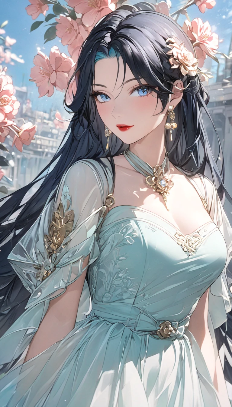 A vintage-inspired tea-length dress, elegant lace detailing, sheer puffy sleeves, cinched waist, delicate floral pattern, white gloves, holding a flower, soft pastel colors, natural lighting, romantic atmosphere, detailed folds and textures, ornate jewelry, high-quality digital painting, award-winning illustration, 4k, masterpiece, best quality, masterpiece), 1girl, solo, mature female, blue_eyes, long_hair, black_hair,semi-rimless_eyewear, hair_ornament, red-framed_eyewear, blue_hair, multicolored_hair, bangs, black gloves, mature female, unaestheticXL_bp5, (negative_v2 Color_Balance_Calibration:0.8), best quality, masterpiece), 1women ,4k, 8k, uhd, hdr, detailed background,mature female, makeup, lipstick, red lipstick, whole body shot