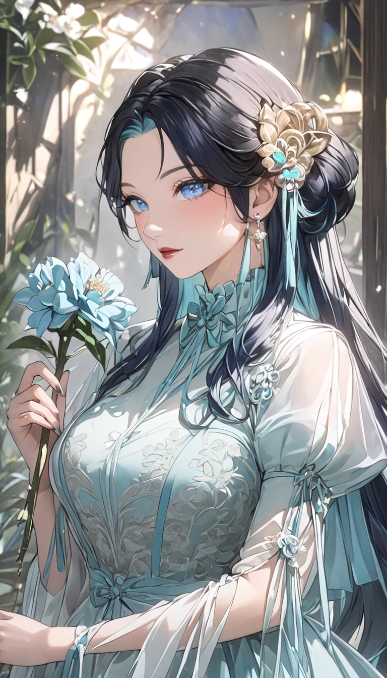 A vintage-inspired tea-length dress, elegant lace detailing, sheer puffy sleeves, cinched waist, delicate floral pattern, white gloves, holding a flower, soft pastel colors, natural lighting, romantic atmosphere, detailed folds and textures, ornate jewelry, high-quality digital painting, award-winning illustration, 4k, masterpiece, best quality, masterpiece), 1girl, solo, mature female, blue_eyes, long_hair, black_hair,semi-rimless_eyewear, hair_ornament, red-framed_eyewear, blue_hair, multicolored_hair, bangs, black gloves, mature female, unaestheticXL_bp5, (negative_v2 Color_Balance_Calibration:0.8), best quality, masterpiece), 1women ,4k, 8k, uhd, hdr, detailed background,mature female, makeup, lipstick, red lipstick, whole body shot