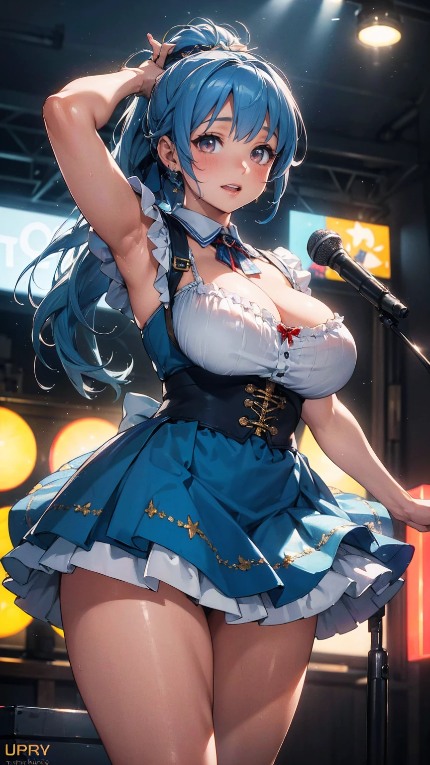 The seven-colored lights are dancing, detailed-cotton-dirndl, warm lighting, beautiful ,gigantic-breasts-cute-1girl Singing at a live venue, Long ponytail Blue hair, Dynamic pose, golden hour lighting, detailed textures, (best quality,4k,8k,highres,masterpiece:1.2),ultra-detailed,(realistic,photorealistic,photo-realistic:1.37), HDR, UHD, studio lighting, ultra-fine painting, sharp focus, physically-based rendering, extreme detail description, professional, vivid colors, bokeh, Attractive Idol photography