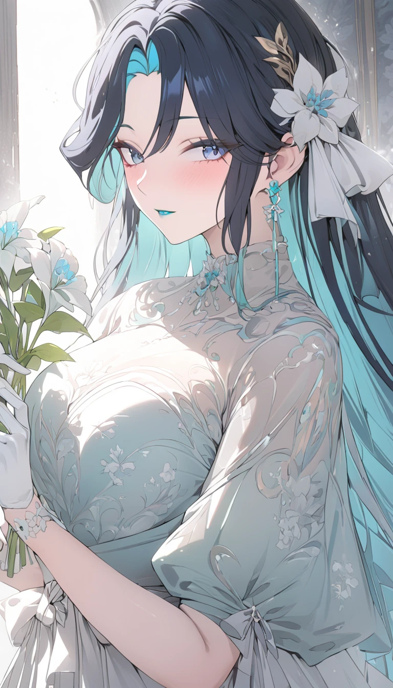 A vintage-inspired tea-length dress, elegant lace detailing, sheer puffy sleeves, cinched waist, delicate floral pattern, white gloves, holding a flower, soft pastel colors, natural lighting, romantic atmosphere, detailed folds and textures, ornate jewelry, high-quality digital painting, award-winning illustration, 4k, masterpiece, best quality, masterpiece), 1girl, solo, mature female, blue_eyes, long_hair, black_hair,semi-rimless_eyewear, hair_ornament, red-framed_eyewear, blue_hair, multicolored_hair, bangs, black gloves, mature female, unaestheticXL_bp5, (negative_v2 Color_Balance_Calibration:0.8), best quality, masterpiece), 1women ,4k, 8k, uhd, hdr, detailed background,mature female, makeup, lipstick, red lipstick
