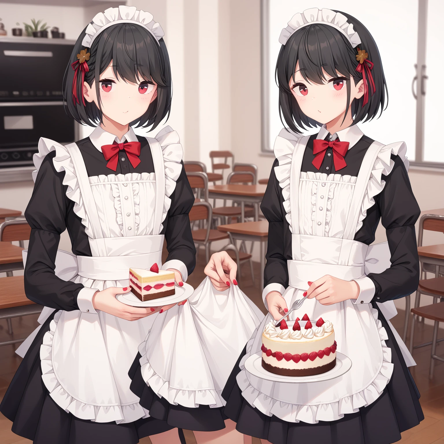  (8k), (   very detailed), (    best illustration   ), Cafe。    anatomically correct 。 two girls。  maid outfit  。.  flat chested。 uniform, short hair 。   big red ribbon barrette。 four-leaf clover in the hair 。adult。  black hair。Shima Rin,Bring me a cake  、 Flip the skirt and insert your finger。Insertion。