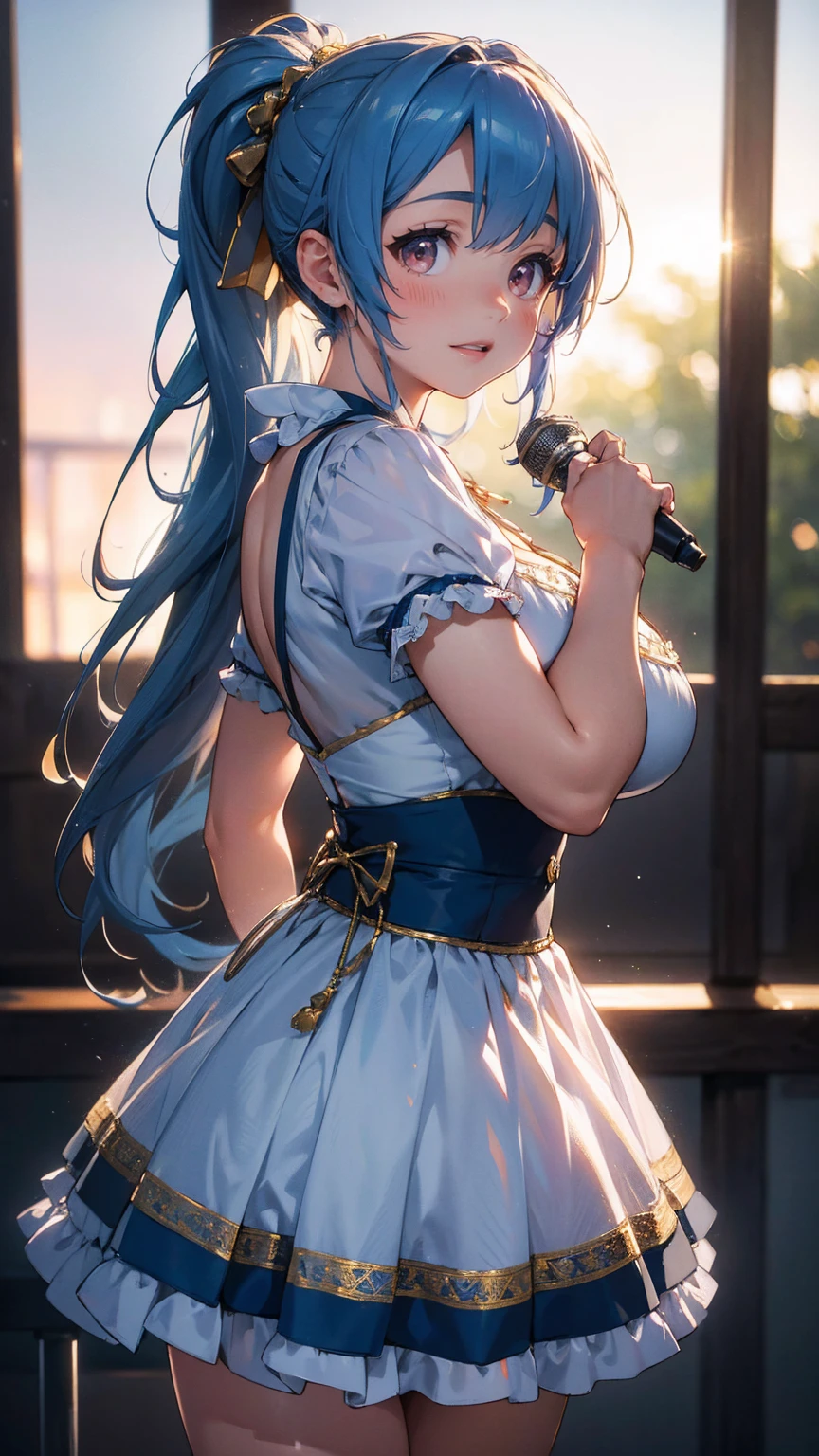 The seven-colored lights are dancing, detailed-cotton-dirndl, warm lighting, beautiful baby face,gigantic-breasts-cute-1girl Singing at a live venue, Long ponytail Blue hair, Dynamic pose, golden hour lighting, detailed textures, (best quality,4k,8k,highres,masterpiece:1.2),ultra-detailed,(realistic,photorealistic,photo-realistic:1.37), HDR, UHD, studio lighting, ultra-fine painting, sharp focus, physically-based rendering, extreme detail description, professional, vivid colors, bokeh, Attractive Idol photography