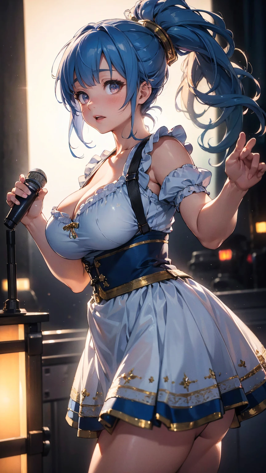 The seven-colored lights are dancing, detailed-cotton-dirndl, warm lighting, beautiful baby face,gigantic-breasts-cute-1girl Singing at a live venue, Long ponytail Blue hair, Dynamic pose, golden hour lighting, detailed textures, (best quality,4k,8k,highres,masterpiece:1.2),ultra-detailed,(realistic,photorealistic,photo-realistic:1.37), HDR, UHD, studio lighting, ultra-fine painting, sharp focus, physically-based rendering, extreme detail description, professional, vivid colors, bokeh, Attractive Idol photography