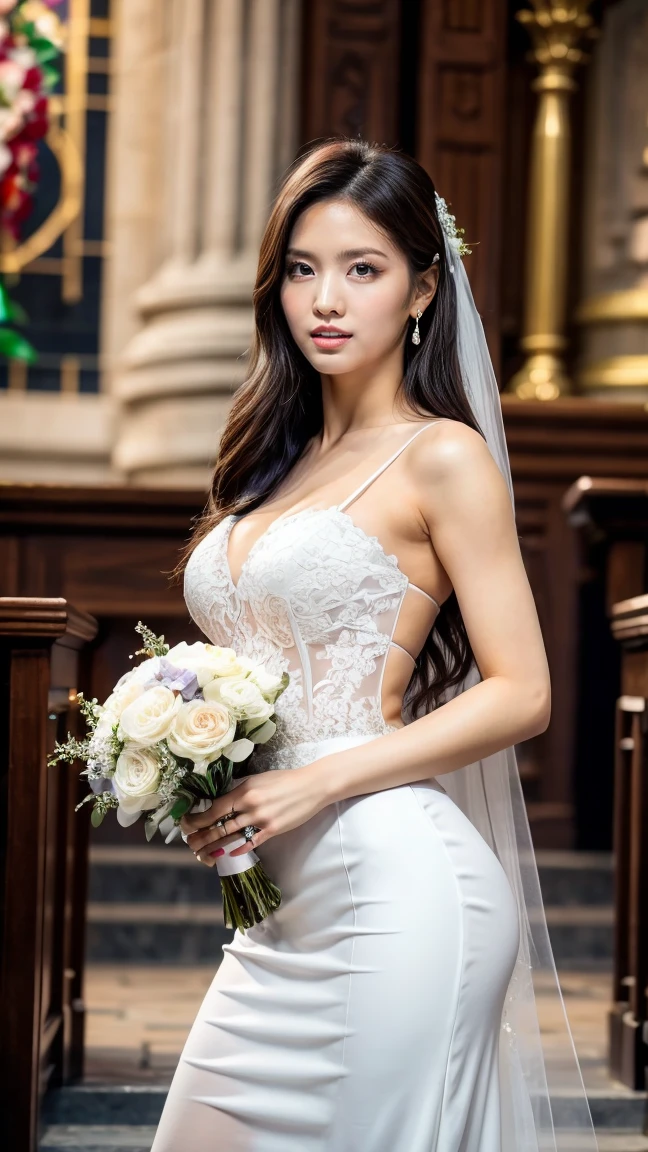 A beautiful young Japanese woman, 26 years old, with healthy thighs, beautiful legs, flawless skin, random hair color and style, large breasts, wearing a (wedding dress:1.3), full body shot, high heels, holding a bouquet in her hands, in a church setting, (best quality,8k,masterpiece:1.3),(extremely detailed:1.2),perfect anatomy