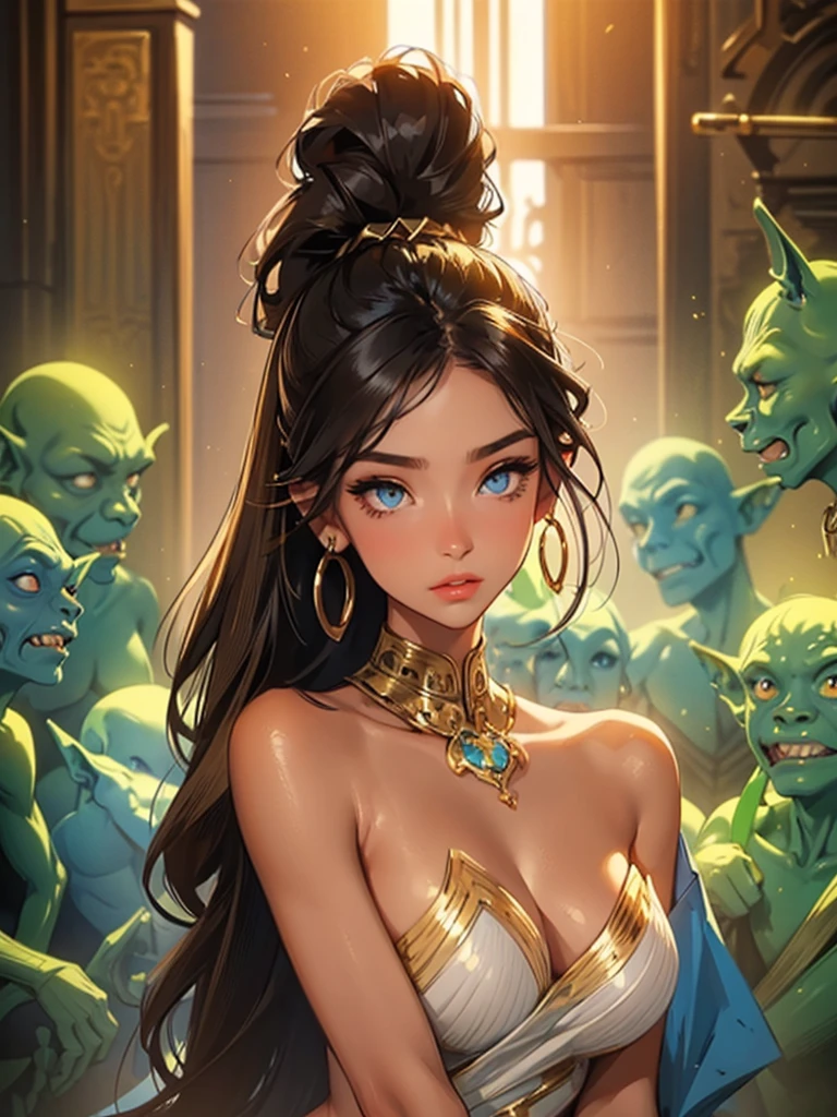 1girl,a beautiful fashion model ,(masterpiece, official art, best quality),long and shiny hair, black hair, long ponytail, hair strand between eyes, full lips, upturned nose ((((tan skin, bronze skin, 1.3)))), big breasts, stripping, elegant makeup, exhibitionism, naked in public, akali, slim thighs, toned body, shiny skin, sexy pose, blue eyes,(( (slender, skinny, slim))), gold hoop earrings, pink eyeshadow, cute face, (((goblin gangbang, multiple boys)))