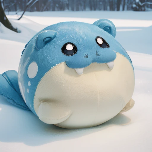 Snowfield、(((close up))) 、animal、stuffed toy、Cute and fat、 futon、(((     chibi))),spheal_pk、Round Head、A slippery body、Short Hand、Round ears、 round eyes、Smiling face、 illustration , no nose、