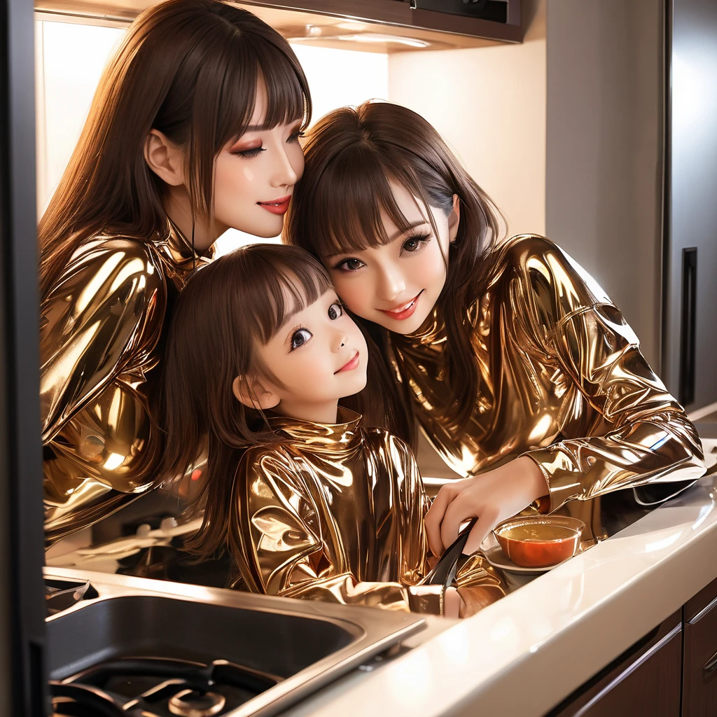 2 mothers and young daughter ,  masterpiece, Lens reflection, Reflected light, in extremely tight shiny latex sweatshirt,  high resolution , Make-up,  seductive smile , Are in the apartment and while cooking,  brown hair , Bangs, kiss