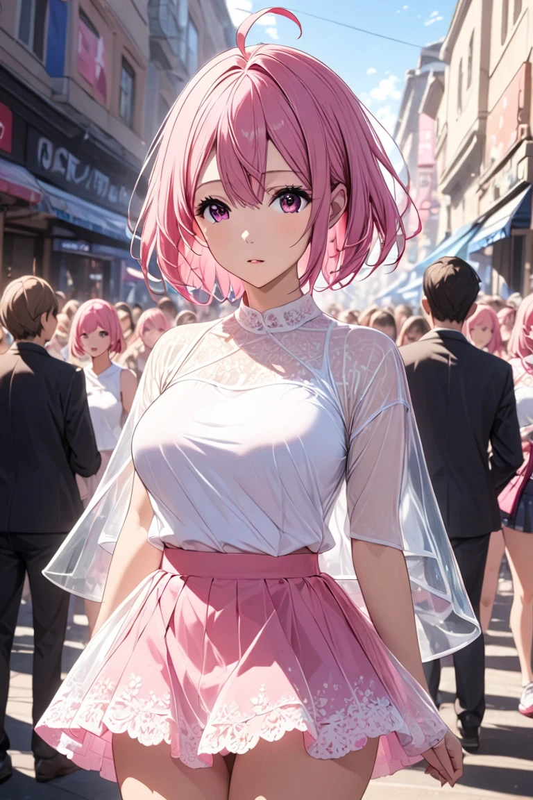   Masterpiece ,  best quality,  high definition ,  absurd,  1 girl, crowd,  skirt, Gasai Yuno,  Exposure Clothes ,  Skintation , Outdoor, sunlight, street,  viewers who can see through their bust,　Shiratori Aira,    asymmetrical short hair with left side rise  ,  Smooth hair、Ahoge,     Pink Hair, Pink Eyes,  white shirt, Light Pink Lace Panties 