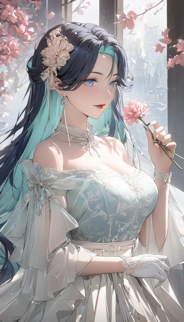 A vintage-inspired tea-length dress, elegant lace detailing, sheer puffy sleeves, cinched waist, delicate floral pattern, white gloves, holding a flower, soft pastel colors, natural lighting, romantic atmosphere, detailed folds and textures, ornate jewelry, high-quality digital painting, award-winning illustration, 4k, masterpiece, best quality, masterpiece), 1girl, solo, mature female, blue_eyes, long_hair, black_hair,semi-rimless_eyewear, hair_ornament, red-framed_eyewear, blue_hair, multicolored_hair, bangs, black gloves, mature female, unaestheticXL_bp5, (negative_v2 Color_Balance_Calibration:0.8), best quality, masterpiece), 1women ,4k, 8k, uhd, hdr, detailed background,mature female, makeup, lipstick, red lipstick
