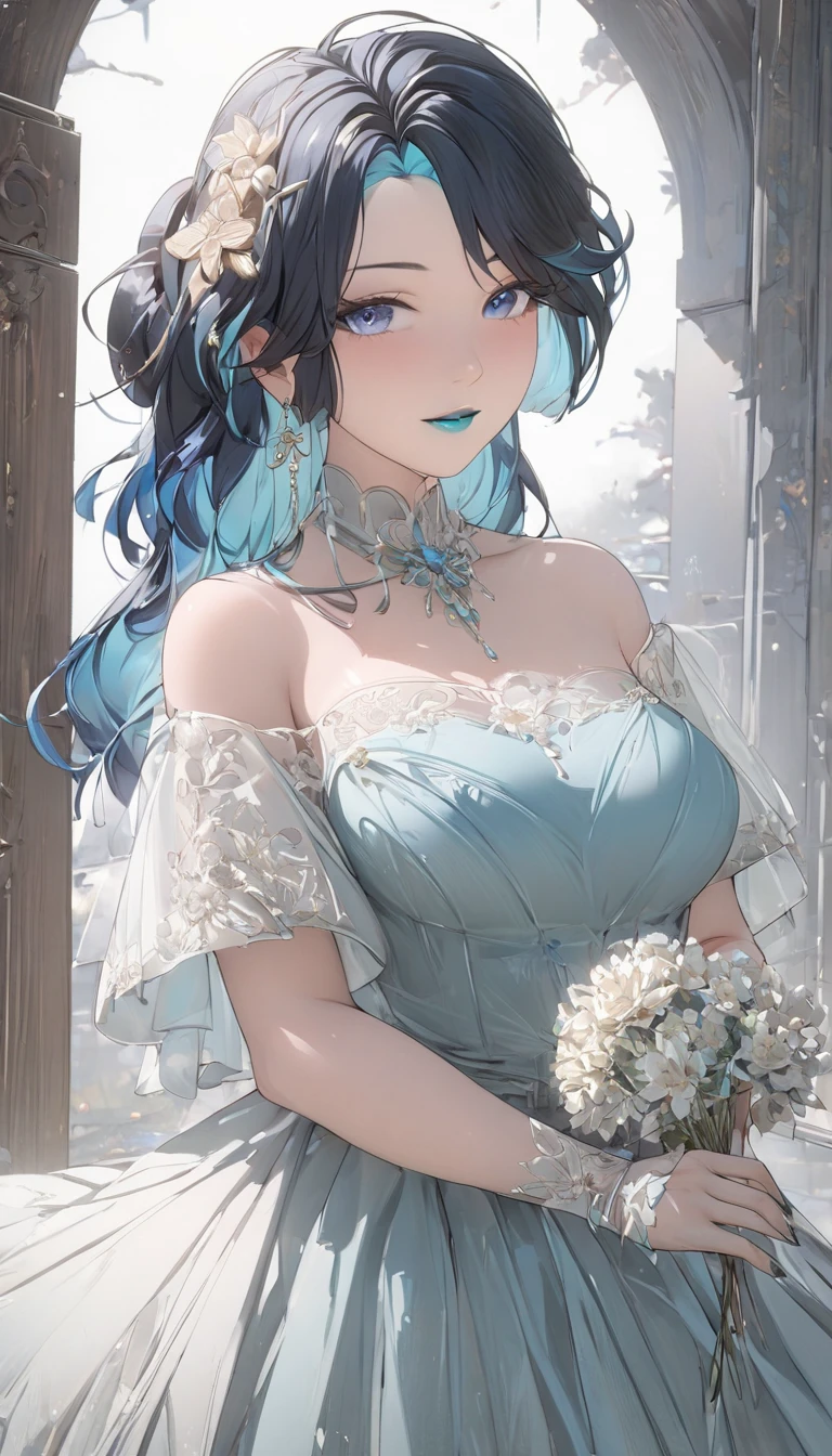 A vintage-inspired tea-length dress, elegant lace detailing, sheer puffy sleeves, cinched waist, delicate floral pattern, white gloves, holding a flower, soft pastel colors, natural lighting, romantic atmosphere, detailed folds and textures, ornate jewelry, high-quality digital painting, award-winning illustration, 4k, masterpiece, best quality, masterpiece), 1girl, solo, mature female, blue_eyes, long_hair, black_hair,semi-rimless_eyewear, hair_ornament, red-framed_eyewear, blue_hair, multicolored_hair, bangs, black gloves, mature female, unaestheticXL_bp5, (negative_v2 Color_Balance_Calibration:0.8), best quality, masterpiece), 1women ,4k, 8k, uhd, hdr, detailed background,mature female, makeup, lipstick, red lipstick
