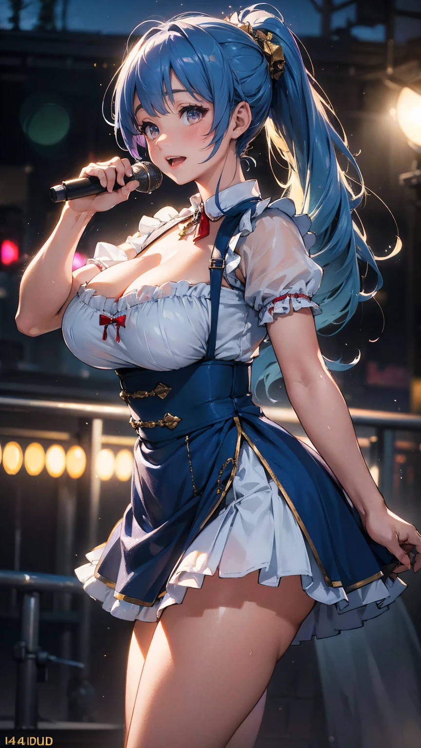 The seven-colored lights are dancing, detailed-cotton-dirndl, warm lighting, beautiful baby face,gigantic-breasts-cute-1girl Singing at a live venue, Long ponytail Blue hair, Dynamic pose, golden hour lighting, detailed textures, (best quality,4k,8k,highres,masterpiece:1.2),ultra-detailed,(realistic,photorealistic,photo-realistic:1.37), HDR, UHD, studio lighting, ultra-fine painting, sharp focus, physically-based rendering, extreme detail description, professional, vivid colors, bokeh, Attractive Idol photography