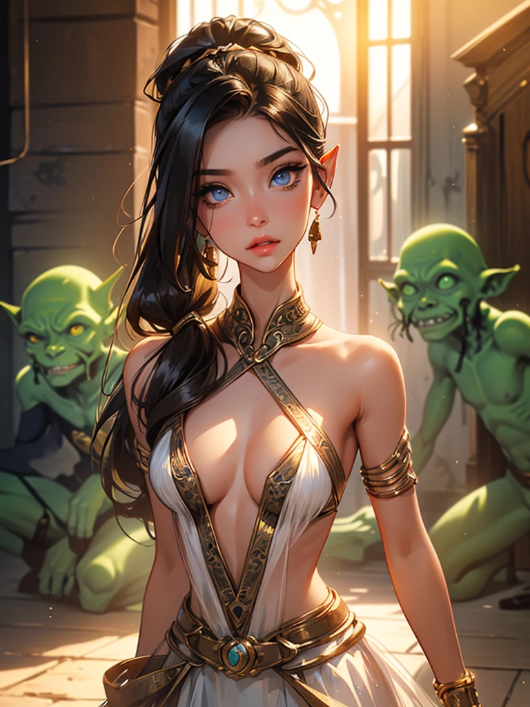 1girl,a beautiful fashion model ,(masterpiece, official art, best quality),long and shiny hair, black hair, long ponytail, hair strand between eyes, full lips, upturned nose ((((tan skin, bronze skin, 1.3)))), big breasts, stripping, elegant makeup, exhibitionism, naked in public, akali, slim thighs, toned body, shiny skin, sexy pose, blue eyes,(( (slender, skinny, slim))), gold hoop earrings, pink eyeshadow, cute face, (((goblin gangbang, sex, multiple boys)))