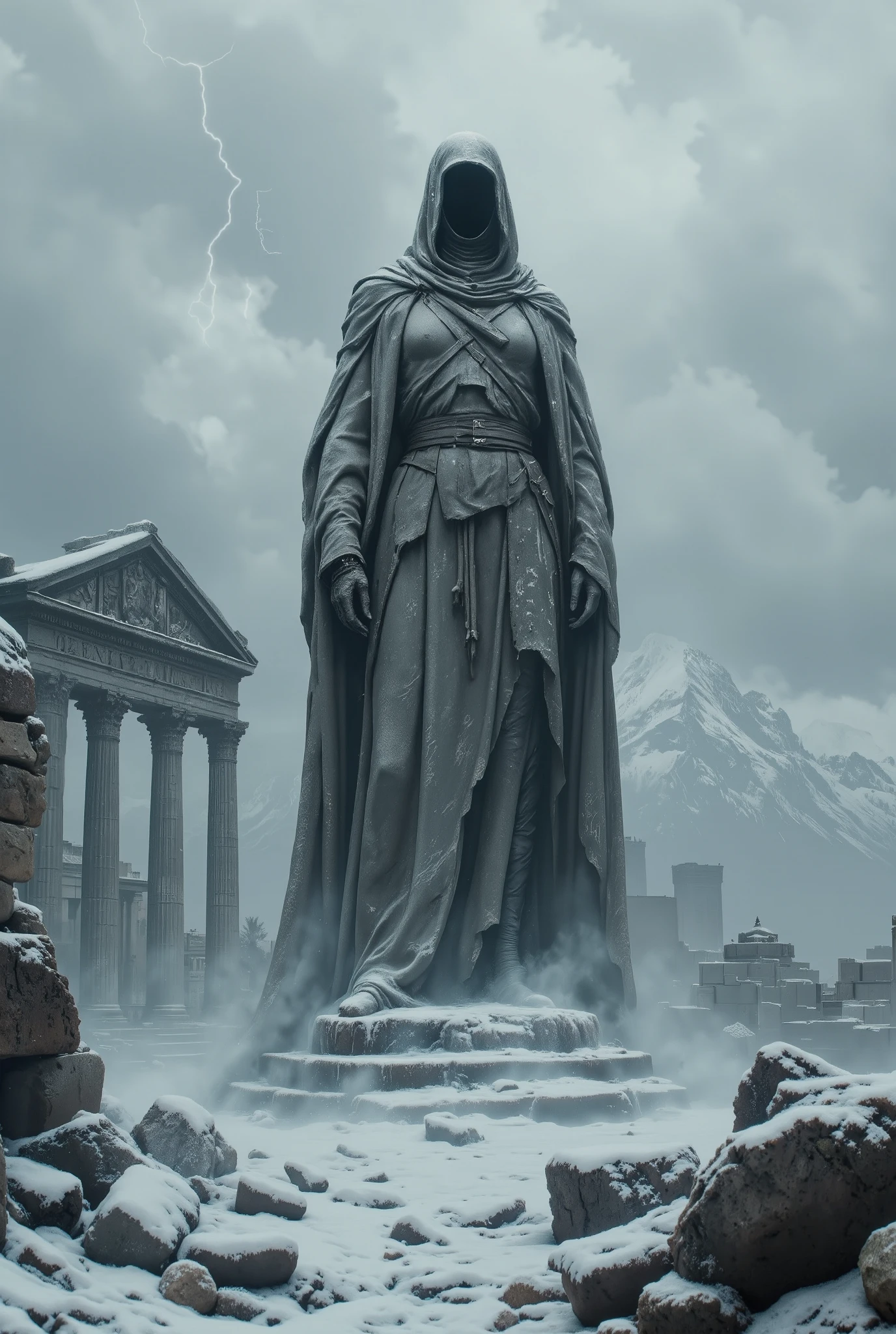 (8k, Top Quality, Masterpiece), (Realistic, RAW Photo, Super Fine Clear), Realistic Light, , {(Ancient City Ruins:2.0), ancient roman ruins, Headless crumbling big stone statue, blizzard, thunder :1.5}, , double exposure, complex light source, various light sources, swirl of light, silhouette, (distant view:1.5)