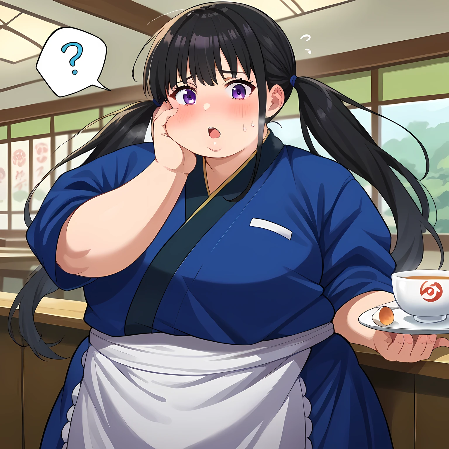 score_9, score_8_up, score_7_up, source_anime, takinainoue, inoue takina, long hair, bangs, black hair, purple eyes, twintails, japanese clothes, kimono, apron, waist apron, blue kimono, waitress, indoors, restaurant, tea, looking at viewer, cowboy shot, dutch angle, dynamic pose, swollen face, fat, chubby, obese, open mouth, out of breath, absurdres, highres icon, rating:General, confused, blush, spoken question mark, {flustered}, nervous sweating, portrait, pov hands, hand on another's cheek, averting eyes, [looking away], straight-on, from above,  upper body, masterpiece, best quality, ultra-detailed, high resolution, 8K, absurdres, highres icon,