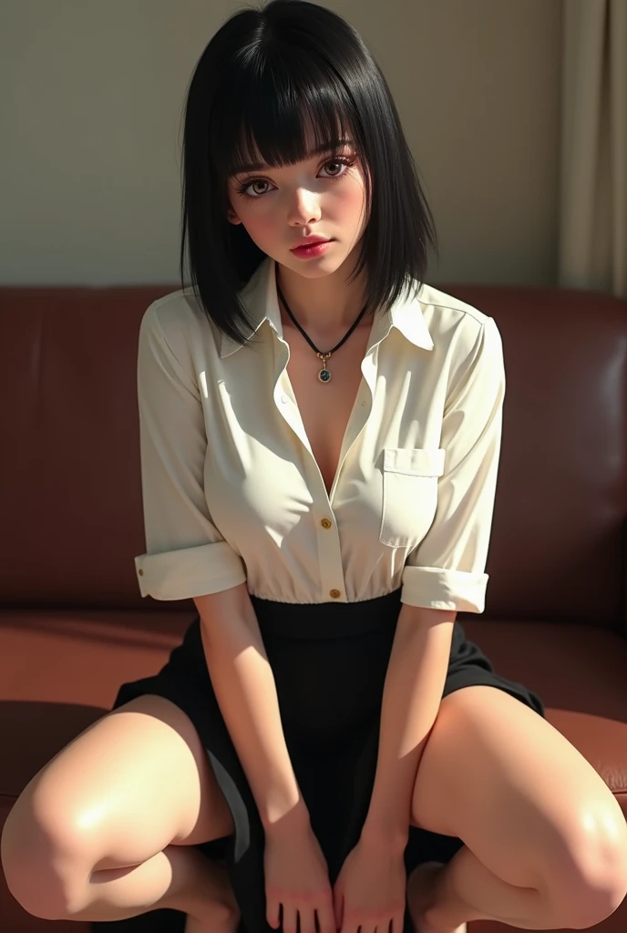 (best quality, 8k, highres, photorealistic:2.0), (solo, one girl:2.0),(lighting: strong),(lighting: front),(very muscular girl:2.0),(bodybuilder girl:1.5),(shiny skin:1.5),(short hair:1.5),(silver ash hair color:1.5),(Open your bent legs to the limit:1.5),(raise both arms behind your head:1.5),(black loafers:1.5),(white collar shirt),(long sleeve shirt:1.3),(tight shirt:2.0),((unbutton one's shirt)),(short socks),(white socks:1.1),((blue pleated skirt)),((blue skirt)),((Wearing cute white panties)),(orgasm),((Girl leaning on an old leather sofa)), very beautiful girl, Blush brown makeup , dark eye makeup ,(The shape of erect nipples is visible on the shirt:1.5),(small breasts:1.2),