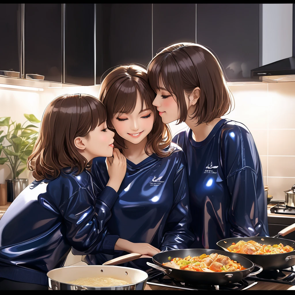 2 mothers and young daughter ,  masterpiece, Lens reflection, Reflected light, In extremely tight shiny dark blue sweatshirt,  high resolution , Make-up,  seductive smile , Are in the apartment and while cooking,  brown hair , Bangs, kiss