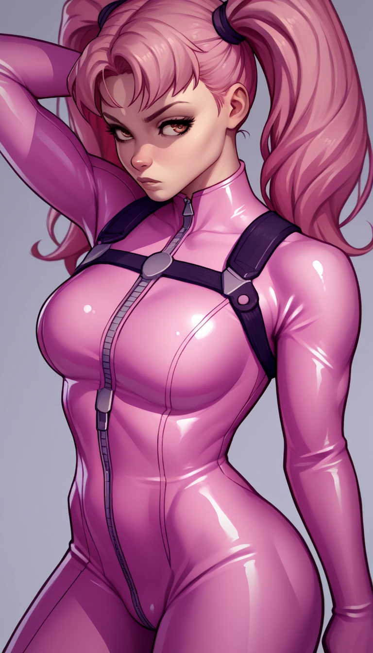 ((best quality)), ((4k)), ((highres)), ((masterpiece:1.2)). ((detailed)), ((ultra realistic)), ((intricate details)), ((full body picture)), ((character design sheet)), ((blank background)), ((standing in a blank background)), full body shot of a beautiful european female, blond beauty, about 21 years old, rosy white skin, red lips, smile on her face, happy expression on her face, about 5'6 ft. tall, perfect face, gorgeous face, blond hair, vivid green eyes, detailed lips, detailed eyes, long ponytail, athletic body, dressed in a skin-tight dark pink bodysuit ((emphasis on her skin-tight dark pink bodysuit)), black boots, ((black boots)), superhero character concept art, lean body frame.