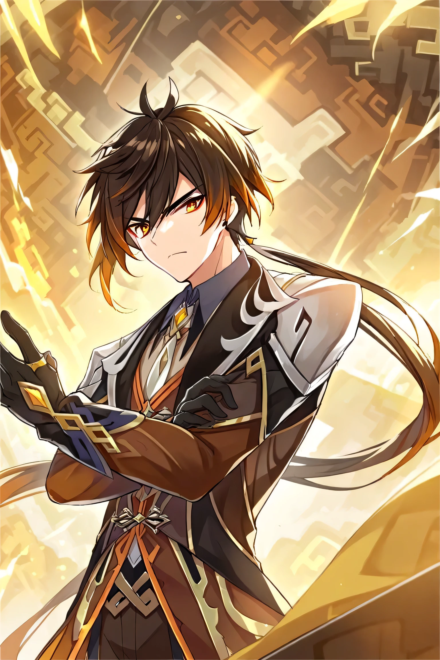 Zhongli holding a weapon and doing a fighting pose
