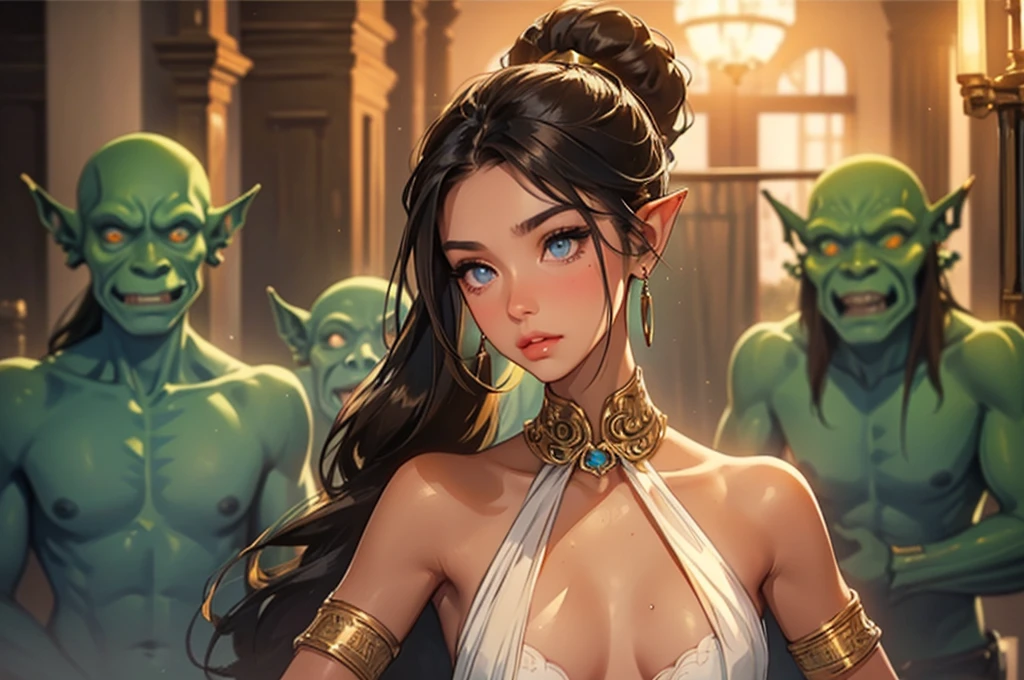 1girl,a beautiful fashion model ,(masterpiece, official art, best quality),long and shiny hair, black hair, long ponytail, hair strand between eyes, full lips, upturned nose ((((tan skin, bronze skin, 1.3)))), big breasts, stripping, elegant makeup, exhibitionism, naked in public, akali, slim thighs, toned body, shiny skin, sexy pose, blue eyes,(( (slender, skinny, slim))), gold hoop earrings, pink eyeshadow, cute face, (((goblin gangbang, sex, multiple boys)))