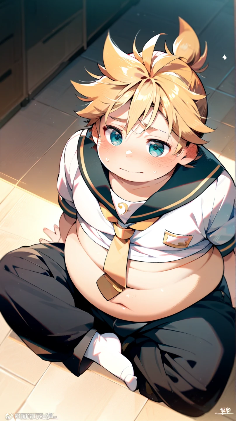 comedy anime style, one boy, (male ), Kagamine Len, obese, cute, chubby body, school uniform, chubby belly button exposed, face blushed, embarrassed, feeling tired, sitting on a floor, fat thigh and arms