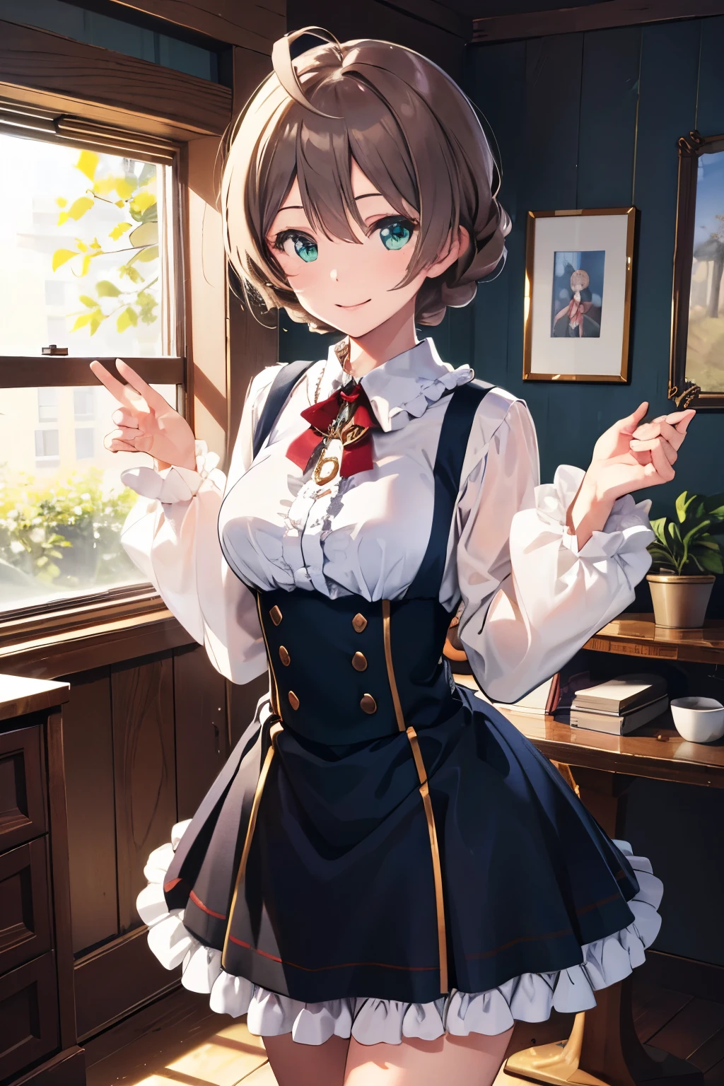  best quality,   Masterpiece ,Ultra_  Details,8k, high definition ,
, woven ,Ahoge,frills, shirt, Long Sleeve , skirt,
 1 girl,cute,smile,  Model Pose ,