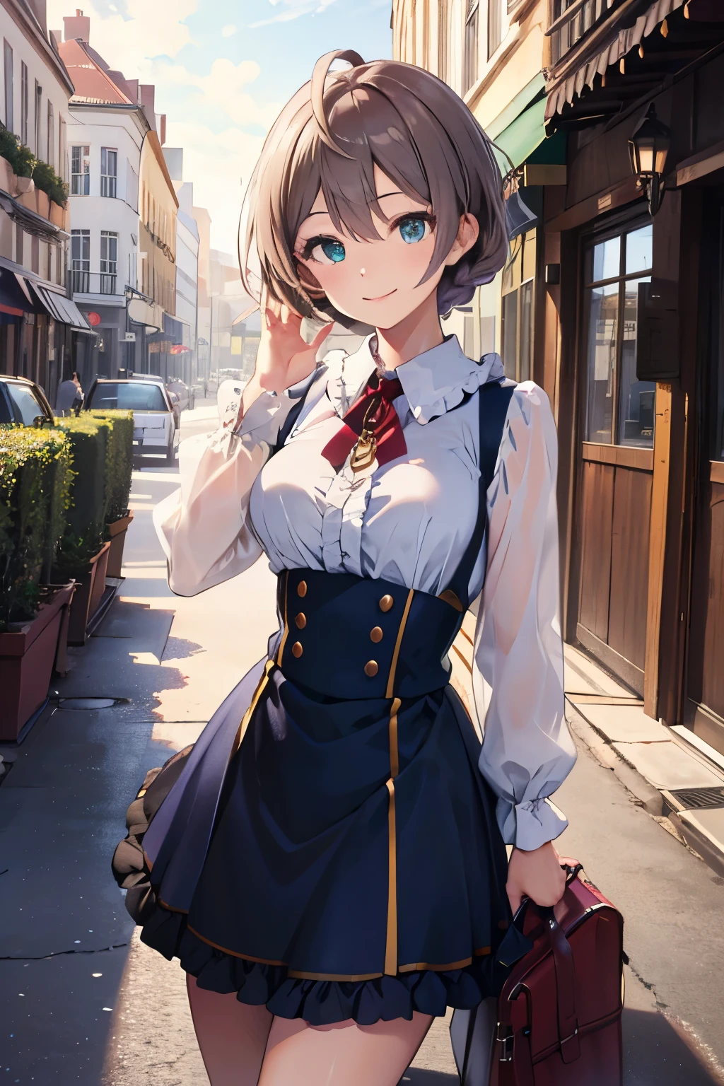  best quality,   Masterpiece ,Ultra_  Details,8k, high definition ,
, woven ,Ahoge,frills, shirt, Long Sleeve , skirt,
 1 girl,cute,smile,  Model Pose ,