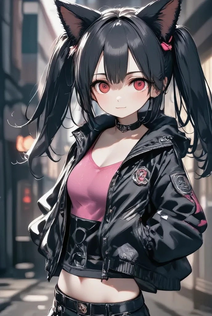 1girl\(cute, kawaii,charming,fascinating,bewitching,evil smile,smirk,black hair,long hair,twin tails hair,pale skin, white skin, red eyes, eyes shining,big eyes,breast,perky breast, punk fashion, ripped clothes, tight tube top, tight hot pants, stomach shown, ripped black short jacket, fluffy black cat-ear, dynamic pose, spiral eyes, bang,hands in poket\),background\(outside, noisy city, backstreet, narrow street, neon lights, at night\),3d render