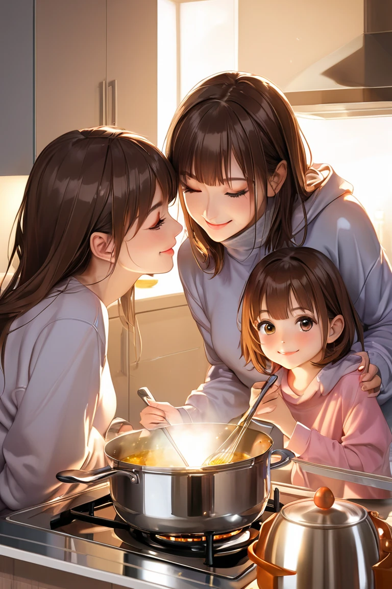 2 mothers and young daughter ,  masterpiece, Lens reflection, Reflected light, In extremely tight shiny sweatshirt,  high resolution , Make-up,  seductive smile , Are in the apartment and while cooking,  brown hair , Bangs, kiss