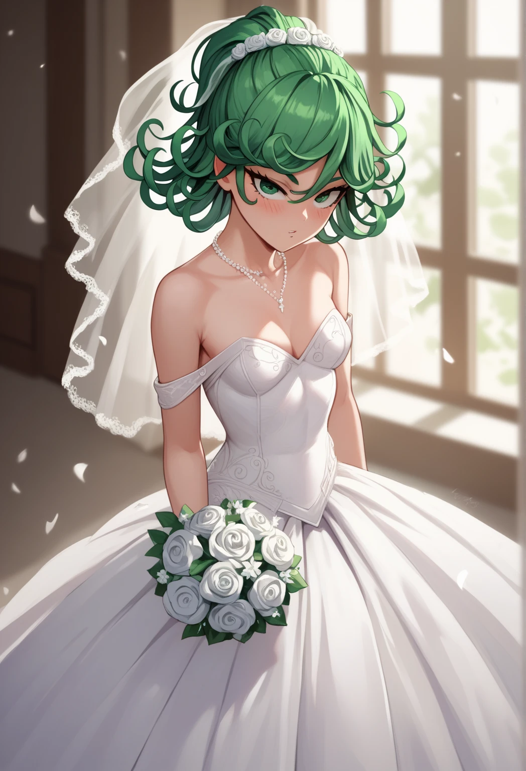 tatsumaki,green hair,curly hair,green eyes, long hair,small breast , Ponytail,
, High Resolution, Masterpiece, High Quality, Bangs, Hair Over One Eye,   wedding dress, wedding veil, off shoulder, cleavage,wedding, blush
