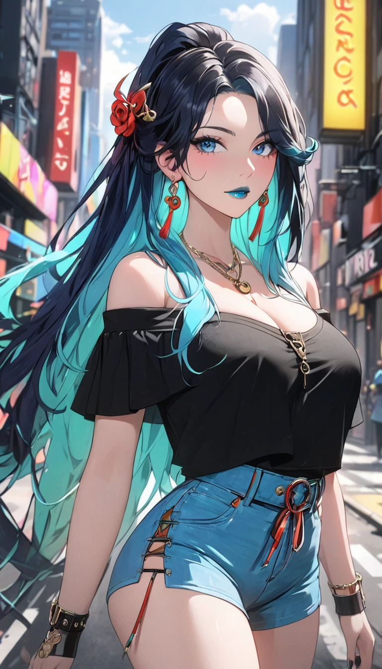 1girl, beautiful detailed eyes, beautiful detailed lips, hip-hop style outfit, street style fashion, urban city background, neon lights, vibrant colors, dynamic pose, graffiti art, cinematic lighting, , showing bare shoulders, cleavage,big breasts, 8k, high quality, cinematic, highly detailed, sharp focus,physically-based rendering,extreme detail description,professional,vivid colors,bokeh,portraits, long hair, 1girl, solo, mature female, blue_eyes, long_hair, black_hair,semi-rimless_eyewear, hair_ornament, red-framed_eyewear, blue_hair, multicolored_hair, bangs, black gloves, mature female, unaestheticXL_bp5, (negative_v2 Color_Balance_Calibration:0.8), best quality, masterpiece),  earrings, jewelry, makeup, lipstick, red lipstick, whole body, full body shot
