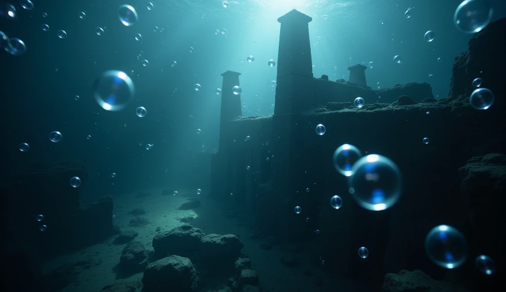  Composition overlooking the ruins of an ancient city that sank into the dark deep sea , A ray of light shining on the dark seabed  ,Numerous water bubbles caused by the current (( Motion Blur:3.0 , bubble flow filter effect :8.5 ,  Undersea Magic Effect :2.0 ,  Background Blurred  ,  dramatic real art)), 4ｋ, Bird&#39;s-eye view