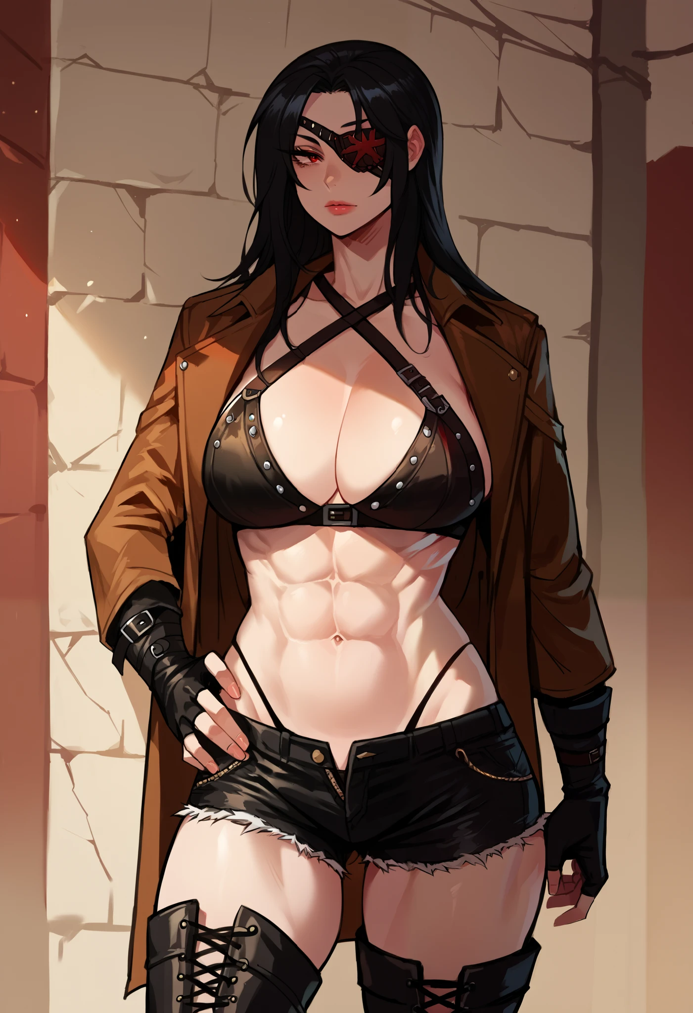 (score_9, score_8_up, score_7_up), close up, Dutch angle, 1female, solo, long hair, straight black hair, eyepatch, red eyes, toned, lipstick, leather halter bra, cleavage, abs, coat, coattails, silver trim, black cuffs, fingerles gloves, close up, black leather shorts, knee high boots wide hips, huge breasts, thong, outdoors, medieval town, hand on hip, soft lighting, shadows, cinematic, source_anime, 