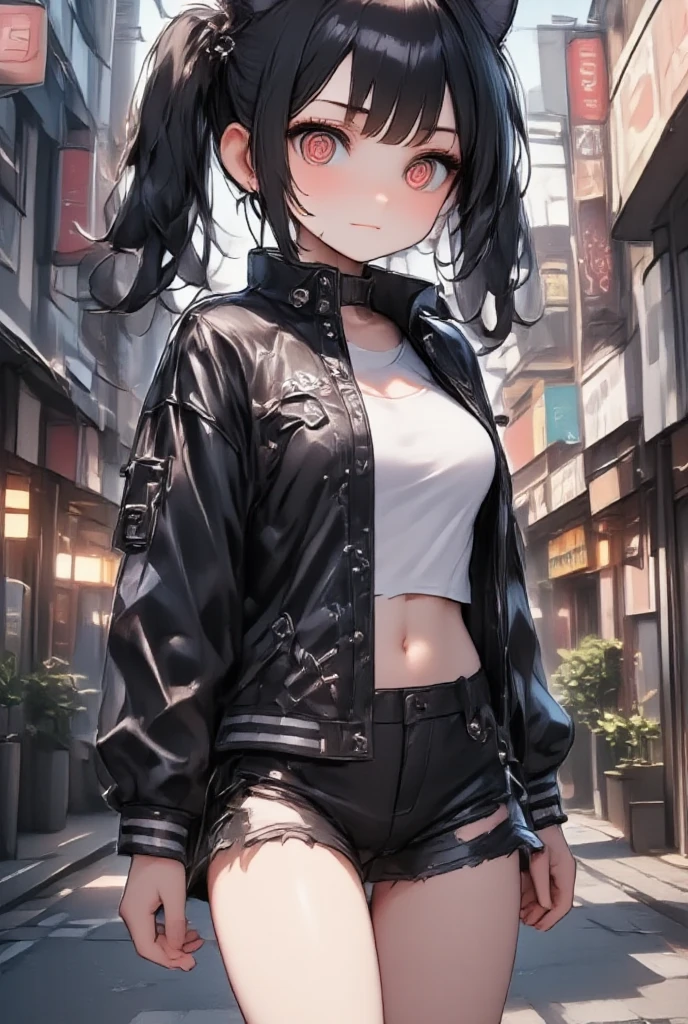 1girl\(cute, kawaii,charming,fascinating,bewitching,evil smile,smirk,black hair,long hair,twin tails hair,pale skin, white skin, red eyes, eyes shining,big eyes,breast,perky breast, punk fashion, ripped clothes, tight tube top, tight hot pants, stomach shown, ripped black short jacket, fluffy black cat-ear, dynamic pose, spiral eyes, bang,hands in poket\),background\(outside, noisy city, backstreet, narrow street, neon lights, at night\),3d render