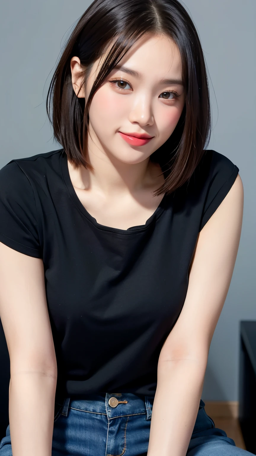 realistic,photorealistic,photo-realistic:1.37,best quality,4k,8k,highres,masterpiece:1.2,ultra-detailed,beautiful detailed eyes,beautiful detailed lips,extremely detailed eyes and face,longeyelashes,1girl,slim body,cosplay,revealing,nipples,(short straight hair),(sexy but),(sexy pose),realistic pictures,(bob hair color, smiling),(Black T-shirt, jeans)