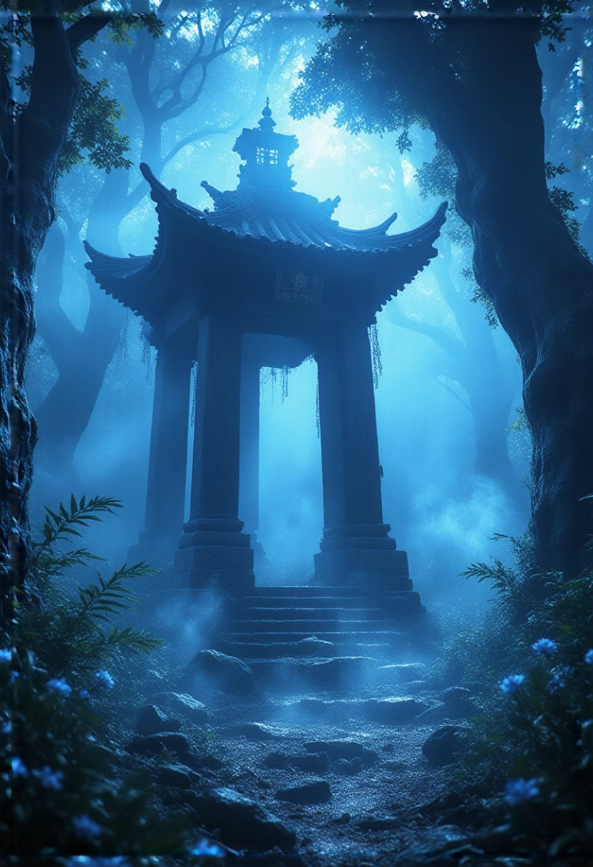 The forest shrine has blue fog surrounding it. 